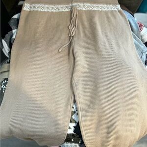 Beige Ribbed Knit Pants with Lace Trim